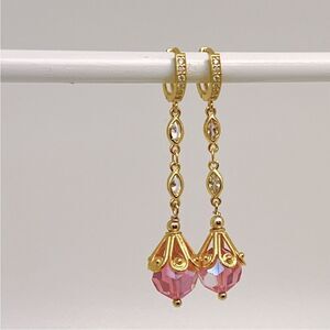 New womens pink Swarovski crystal gold drop huggie hoop earrings great gift